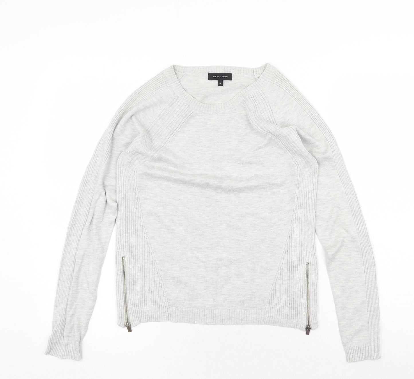 New Look Womens Grey Round Neck Cotton Pullover Jumper Size 10 - Zip Detail