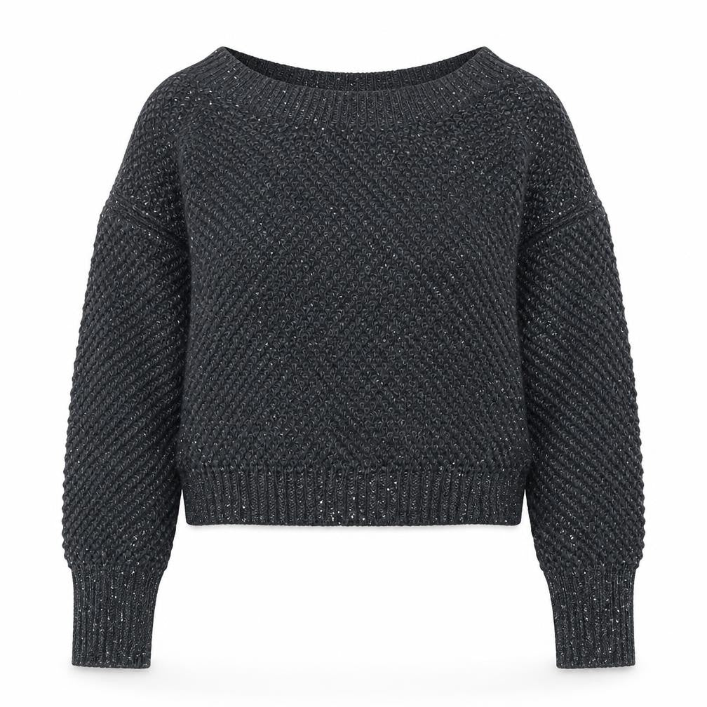 Front view of Sisley women’s grey boat neck cotton jumper, size XS, pullover