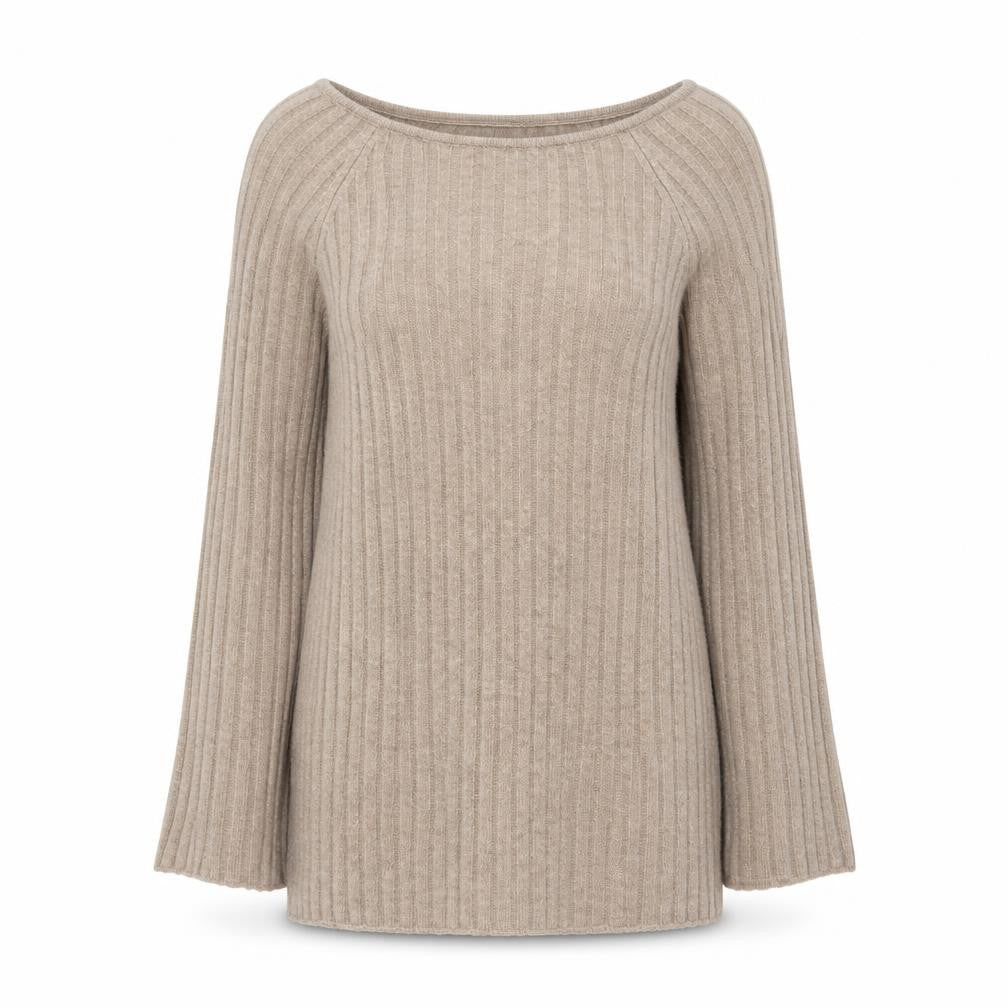Front view of H&M women’s beige boat neck acrylic jumper, size M