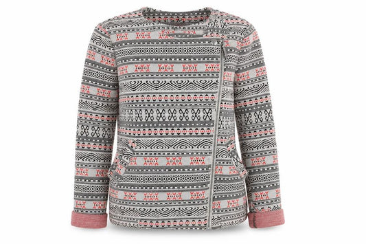 Front view of Next women’s multicoloured geometric biker jacket, size UK 12, zip