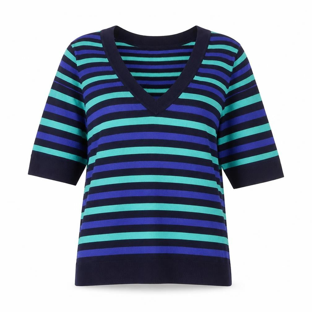 Front view of Planet women’s multicoloured v-neck striped viscose jumper, size S