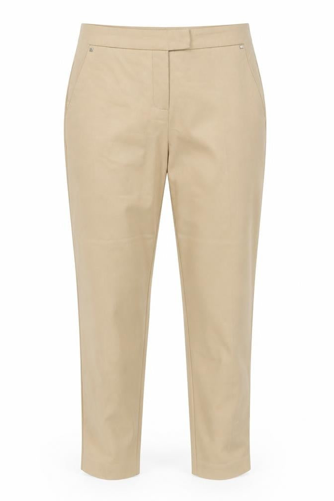 Front view of River Island women’s beige cotton chino trousers, size UK 8, regular zip