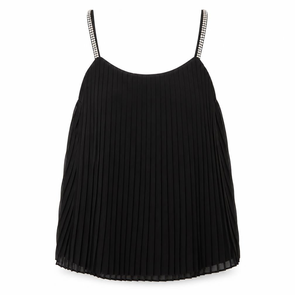 Front view of Quiz women’s black polyester basic tank, size UK 6, round neck