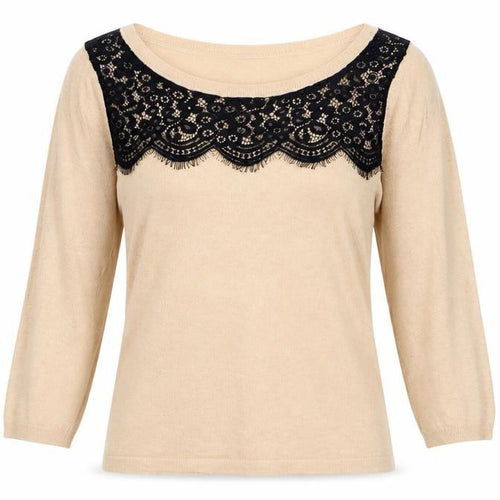 Marks and Spencer Womens Beige Round Neck Viscose Pullover Jumper Size 10 - Lace Detail
