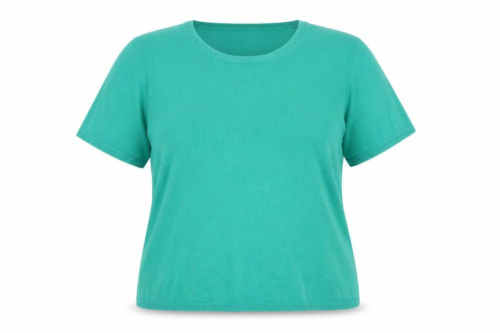Front view of Marks & Spencer women’s green round neck acrylic jumper, size UK 18