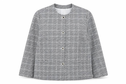 Front view of Daxon women’s blue geometric jacket, size UK 18, button