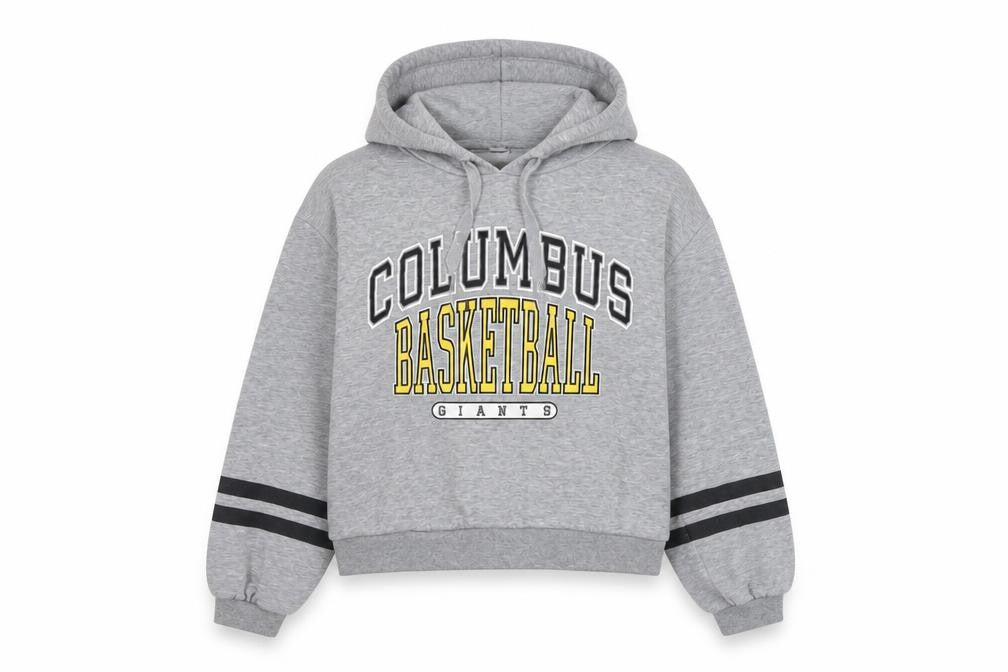 Front view of H&M women’s grey cotton pullover hoodie, size S, pullover - columbus basketball giants