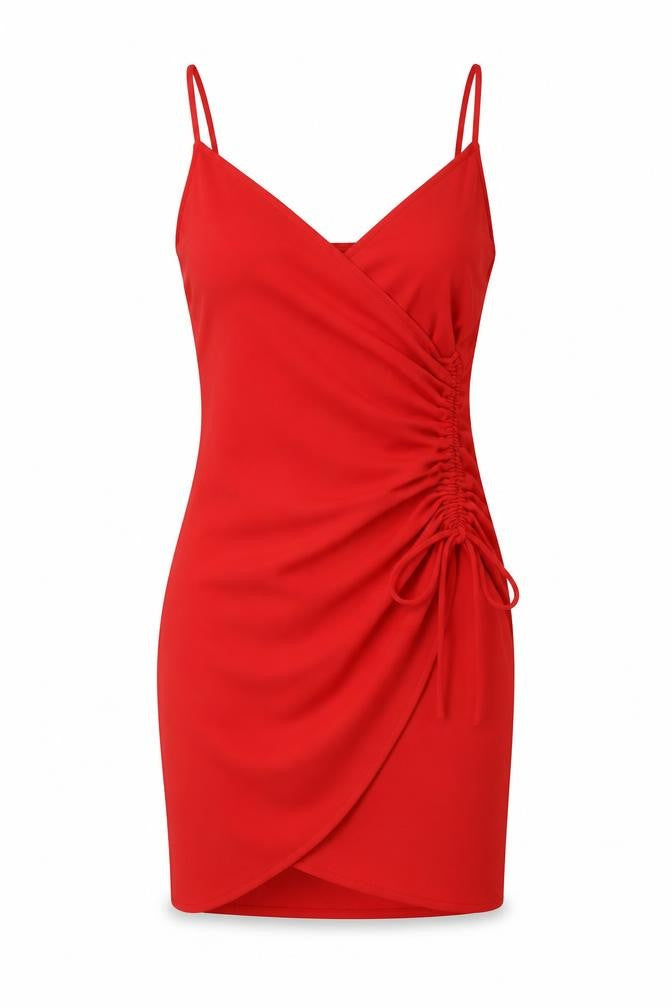 Front view of H&M women’s red polyester bodycon, size UK 8, v-neck pullover