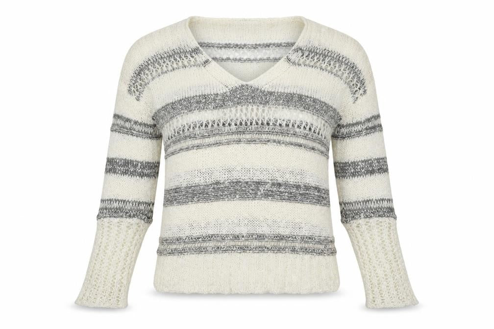 Front view of Storia women’s ivory v-neck striped acrylic jumper, size S