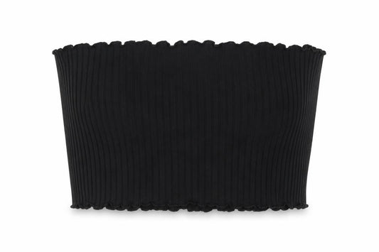 Front view of PRETTYLITTLETHING women’s black polyester cropped tank, size UK 12, off the shoulder