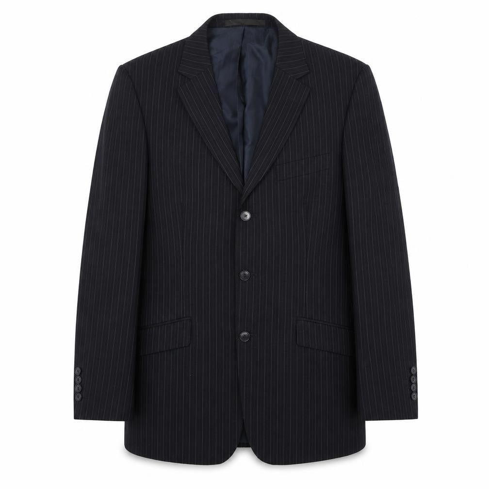 Front view of Marks & Spencer men’s black striped polyester jacket suit jacket, size 38, regular - pinstripe