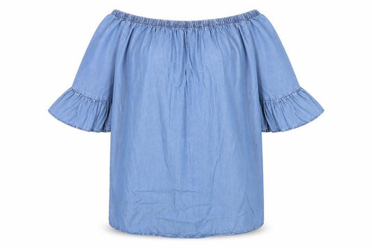 Front view of New Look women’s blue lyocell a-line, size UK 12, off the shoulder pullover