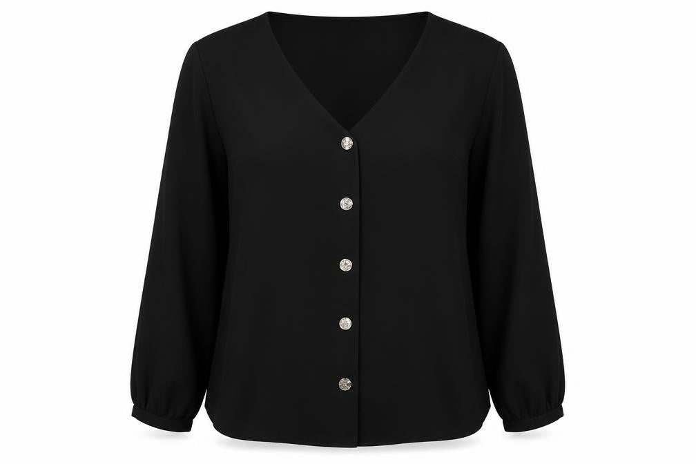 Front view of Wallis women’s black polyester basic button-up, size UK 14, v-neck