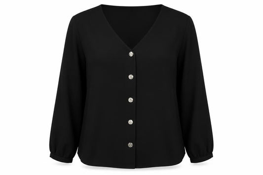 Front view of Wallis women’s black polyester basic button-up, size UK 14, v-neck