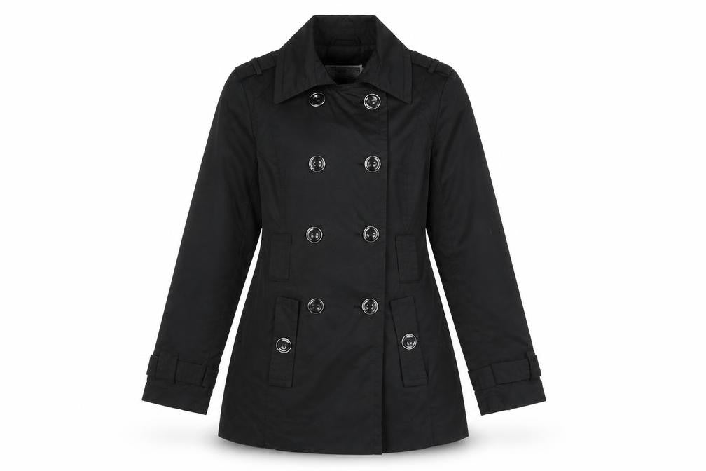 Front view of Pelle women’s black trench coat coat, size S, button