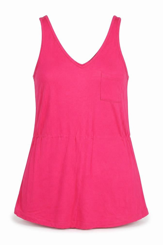 Front view of Warehouse women’s pink viscose basic tank, size UK 10, v-neck