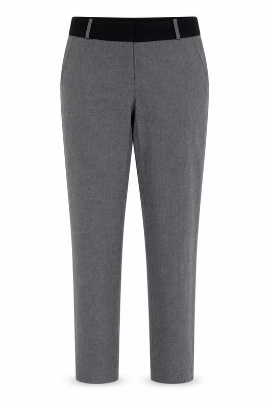 Front view of Warehouse women’s grey polyester chino trousers, size UK 10, regular zip