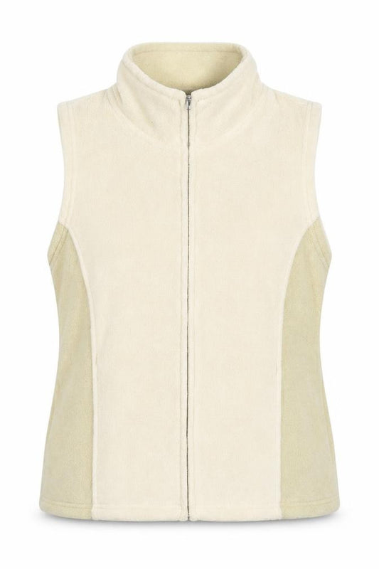 Front view of EWM women’s beige geometric gilet jacket, size S, zip