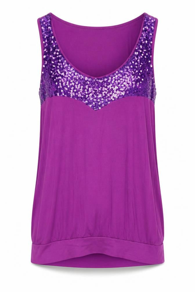 Front view of VILA women’s purple viscose basic tank, size L, round neck