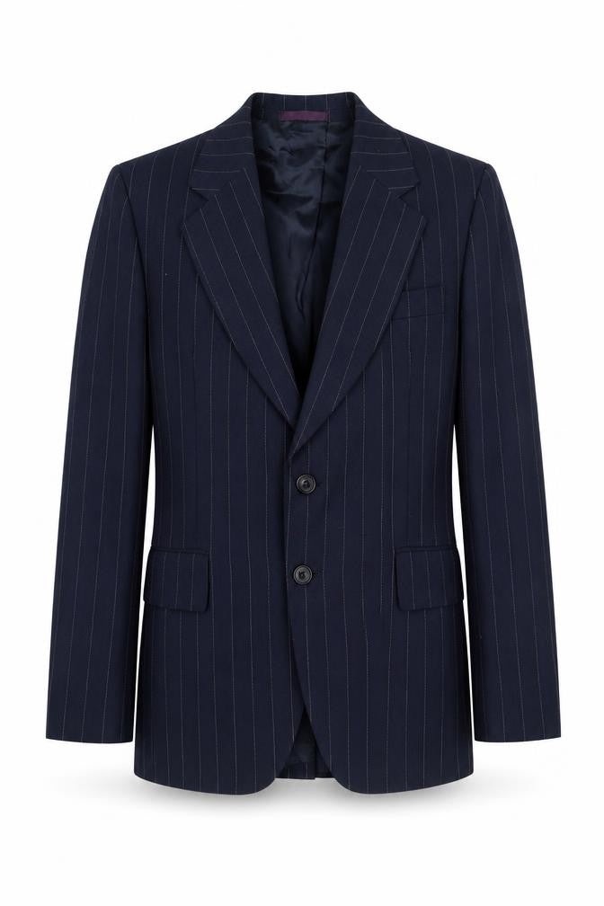 Front view of Mitchel Walker men’s blue striped wool jacket suit jacket, size 34, regular