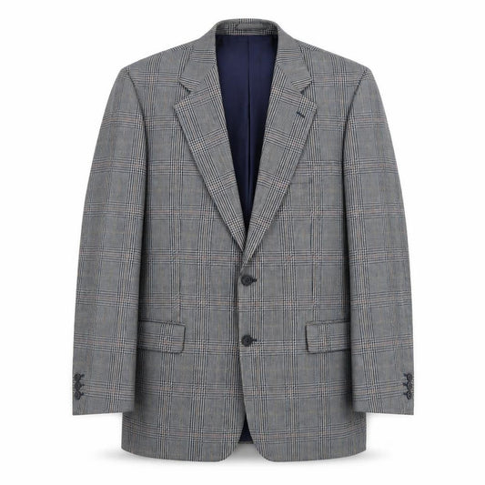 Front view of Hornes men’s blue plaid wool jacket blazer, size 44, regular