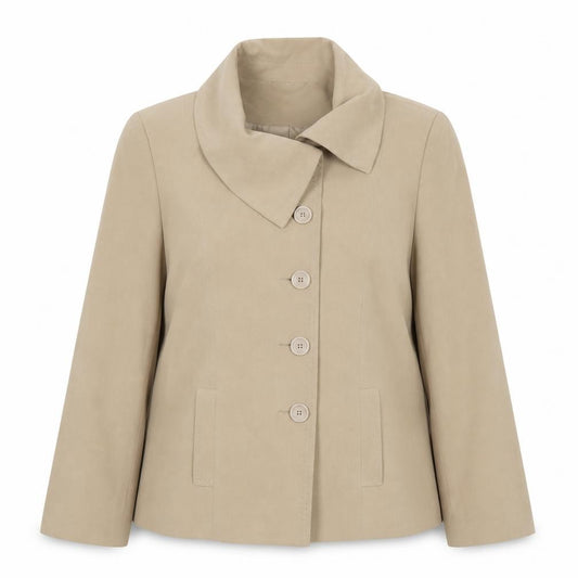 Front view of EWM women’s brown jacket, size UK 16, button