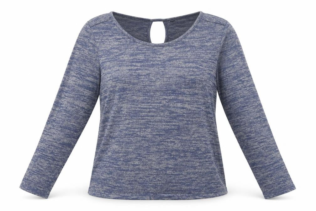 Front view of Mercer & Madison women’s blue geometric polyester basic blouse, size L, round neck
