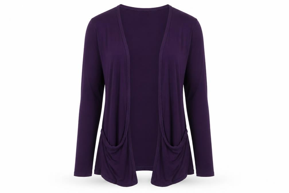 Front view of Oui women’s purple viscose basic blouse, size M, v-neck - open
