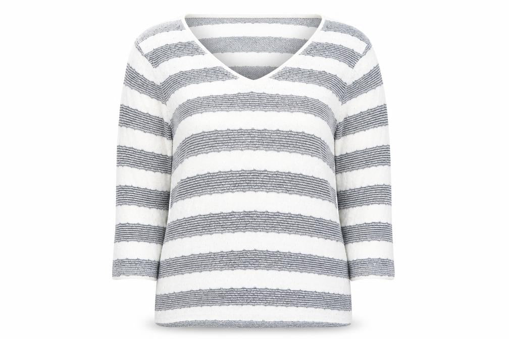 Front view of Next women’s blue v-neck striped viscose jumper, size UK 12