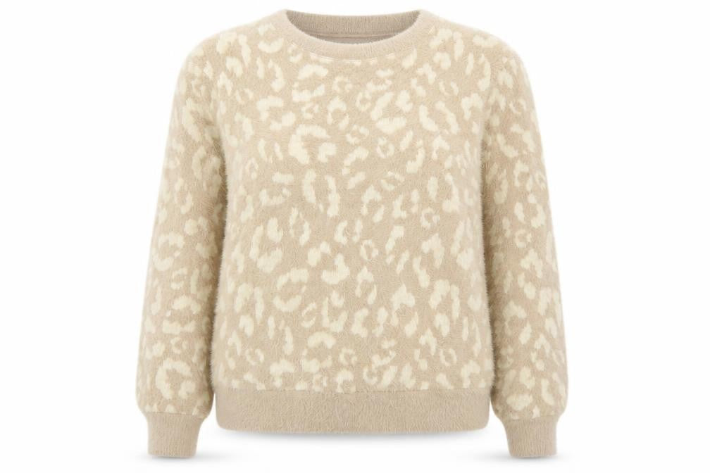Front view of Marks & Spencer women’s beige round neck animal print polyamide jumper, size XS, - leopard pattern