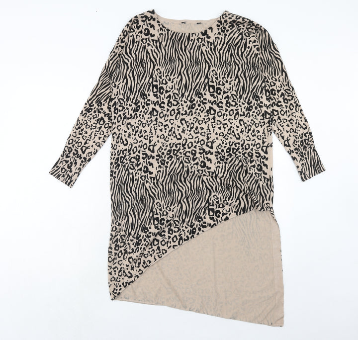 Debenhams Womens Brown Animal Print Viscose Tunic Blouse Size 12 Boat Neck