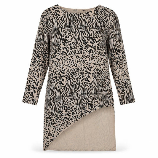 Front view of Debenhams women’s brown animal print viscose tunic blouse, size UK 12, boat neck