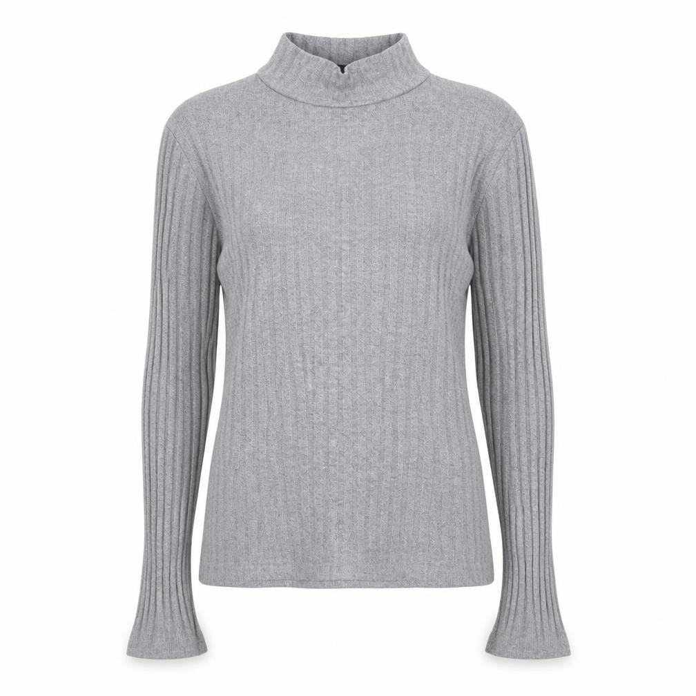 Front view of Topshop women’s grey high neck acrylic jumper, size UK 6, - ribbed