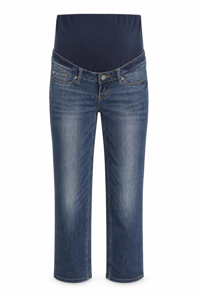 Front view of H&M women’s blue cotton straight jeans, size UK 8, regular button