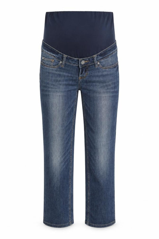 Front view of H&M women’s blue cotton straight jeans, size UK 8, regular button