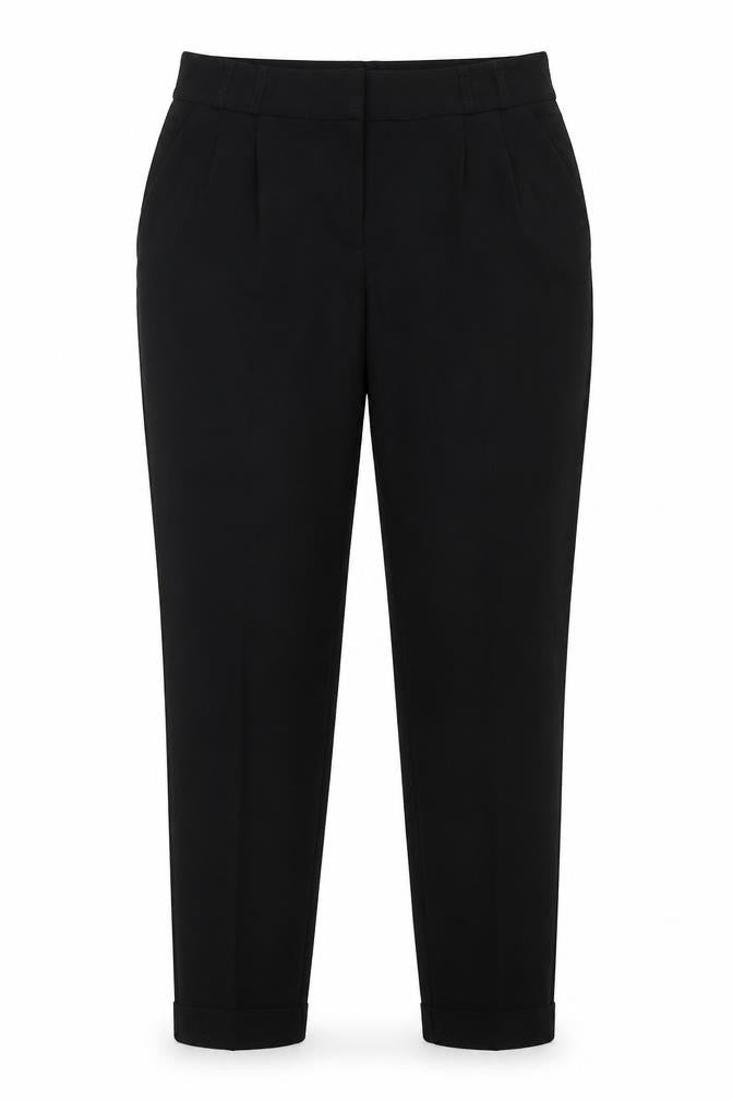 Front view of M&Co women’s black polyester trousers, size UK 10, regular hook & eye