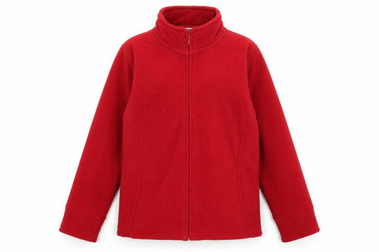 Front view of EWM women’s red jacket, size S, zip
