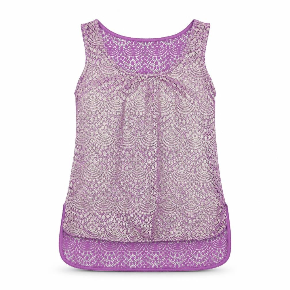 Front view of Dorothy Perkins women’s purple geometric polyester basic tank, size UK 6, round neck