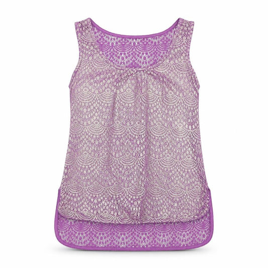Front view of Dorothy Perkins women’s purple geometric polyester basic tank, size UK 6, round neck