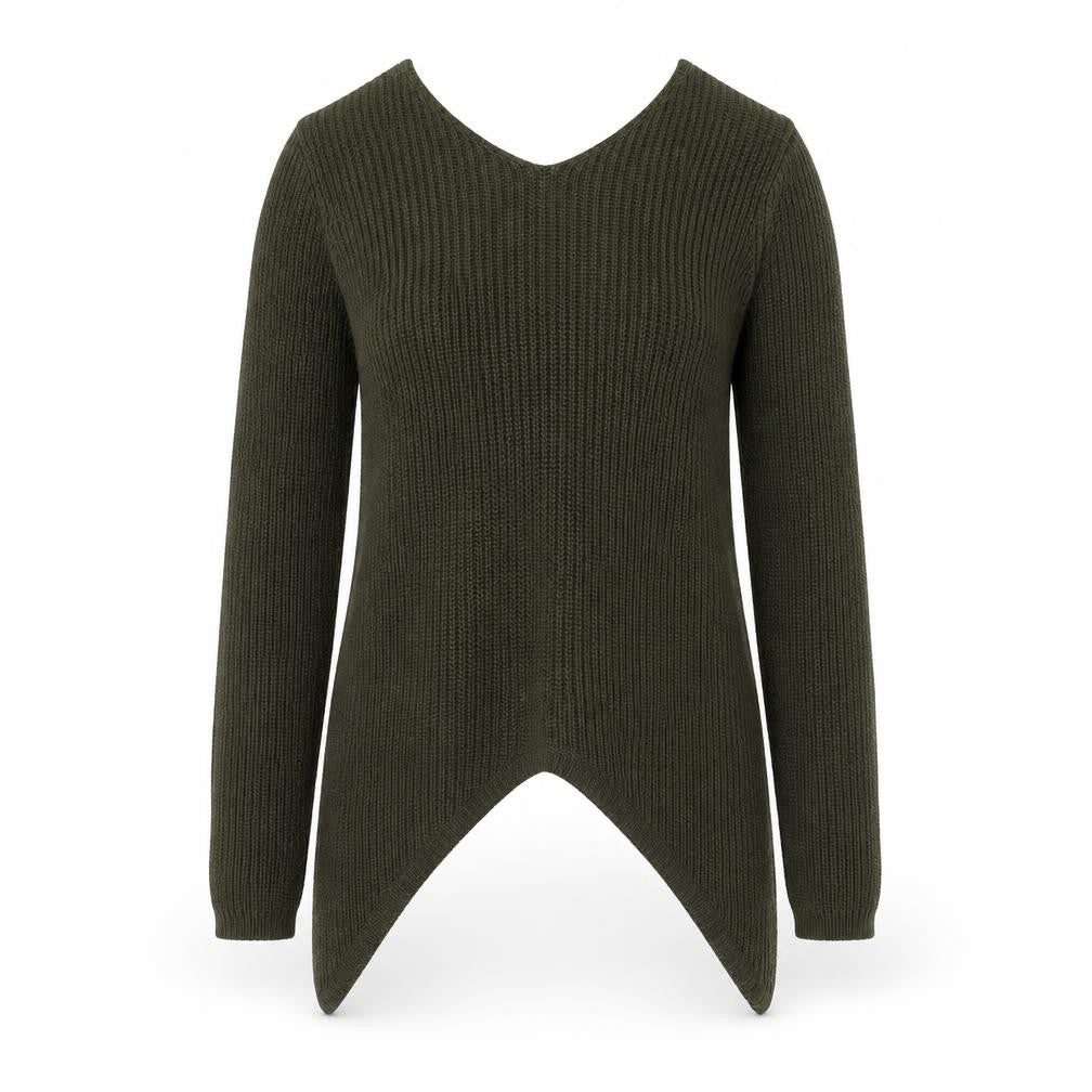 Front view of Select women’s green v-neck acrylic jumper, size UK 8