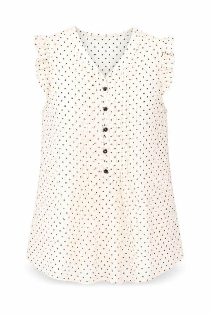 Front view of Roman women’s beige polka dot polyester basic button-up, size UK 10, v-neck