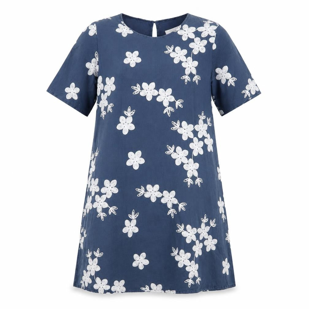 Apricot Womens Blue Floral Cotton T-Shirt Dress Size 8 Round Neck Button
