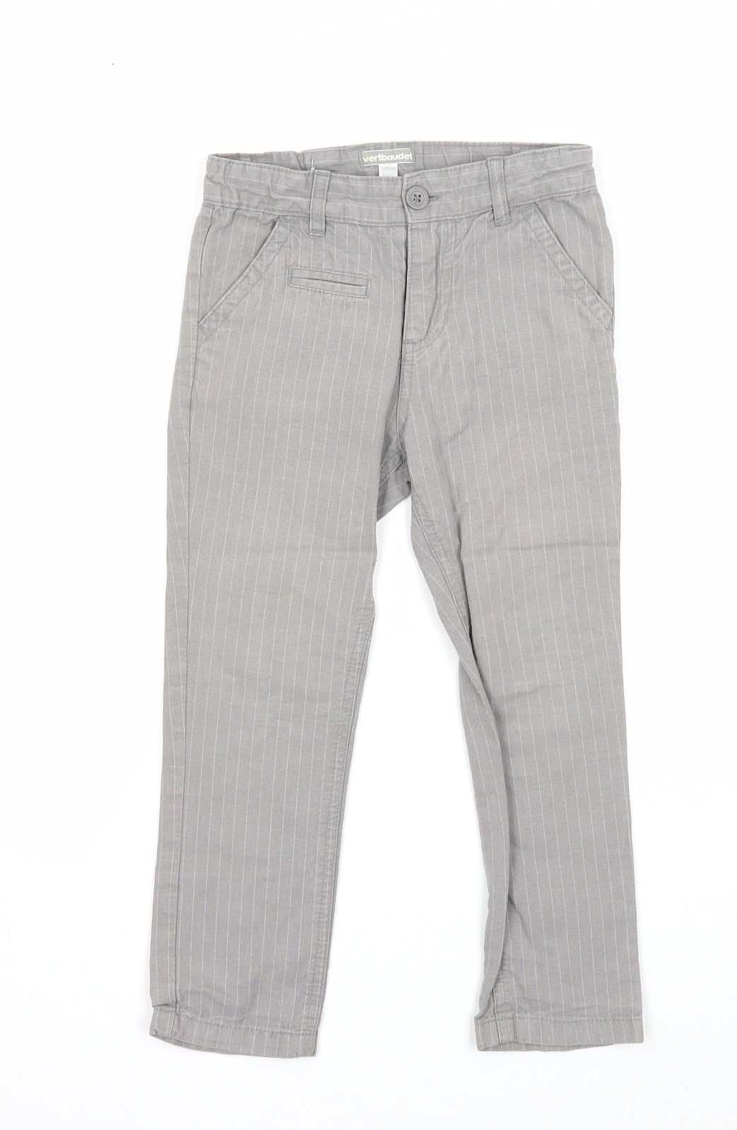 Vertbaudet Boys Grey Striped Cotton Chino Trousers Size 5 Years Regular Zip