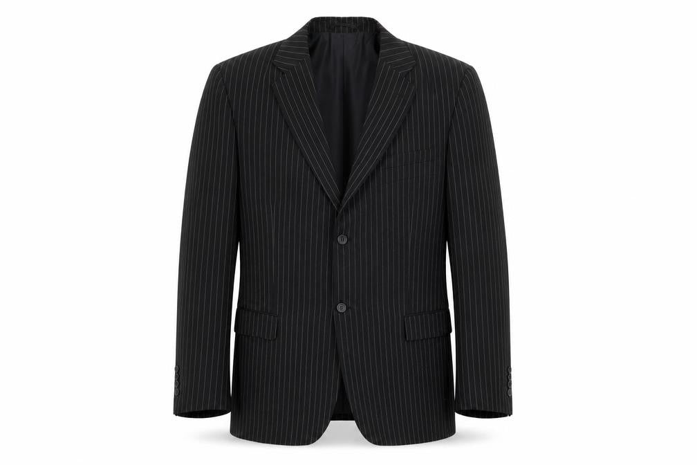Front view of Lakeline men’s black striped polyester jacket suit jacket, size 44, regular