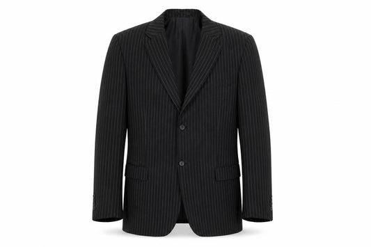Front view of Lakeline men’s black striped polyester jacket suit jacket, size 44, regular