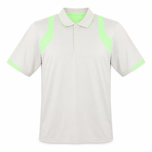 Front view of Antigua men’s grey polyester polo, size M, collared button