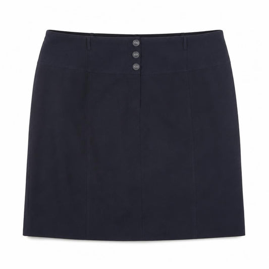 Front view of Agenda women’s blue polyester a-line skirt, size UK 26, button