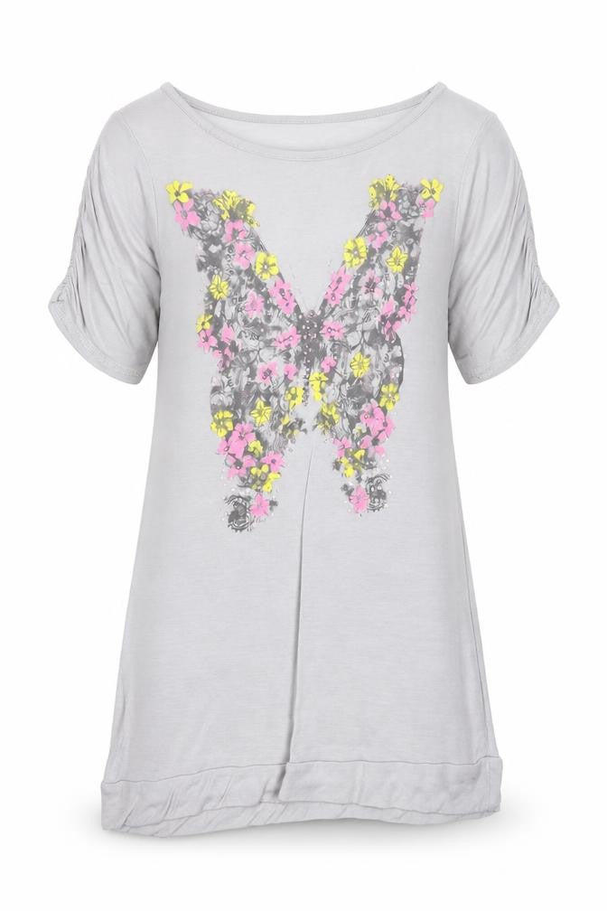 Front view of M&Co girls’ grey viscose basic blouse, size 7-8, years round neck pullover - butterfly print
