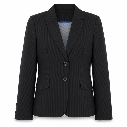 Front view of Autonomy women’s black striped polyester jacket suit jacket, size UK 14
