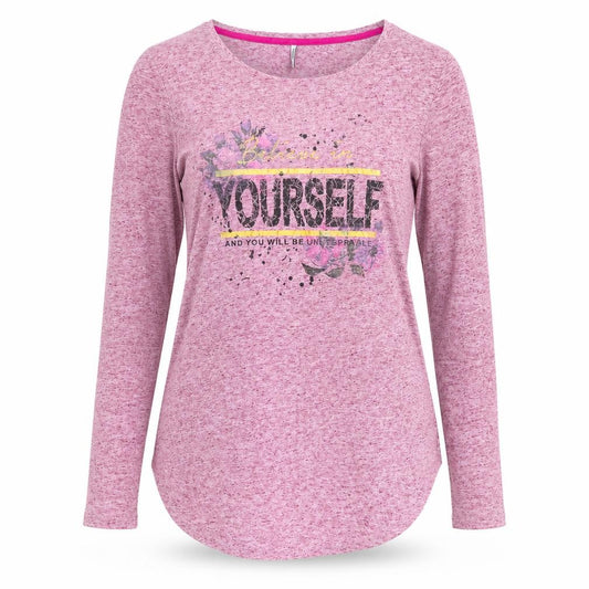 Front view of Only women’s pink geometric polyester basic t-shirt, round neck - believe in yourself and you will be